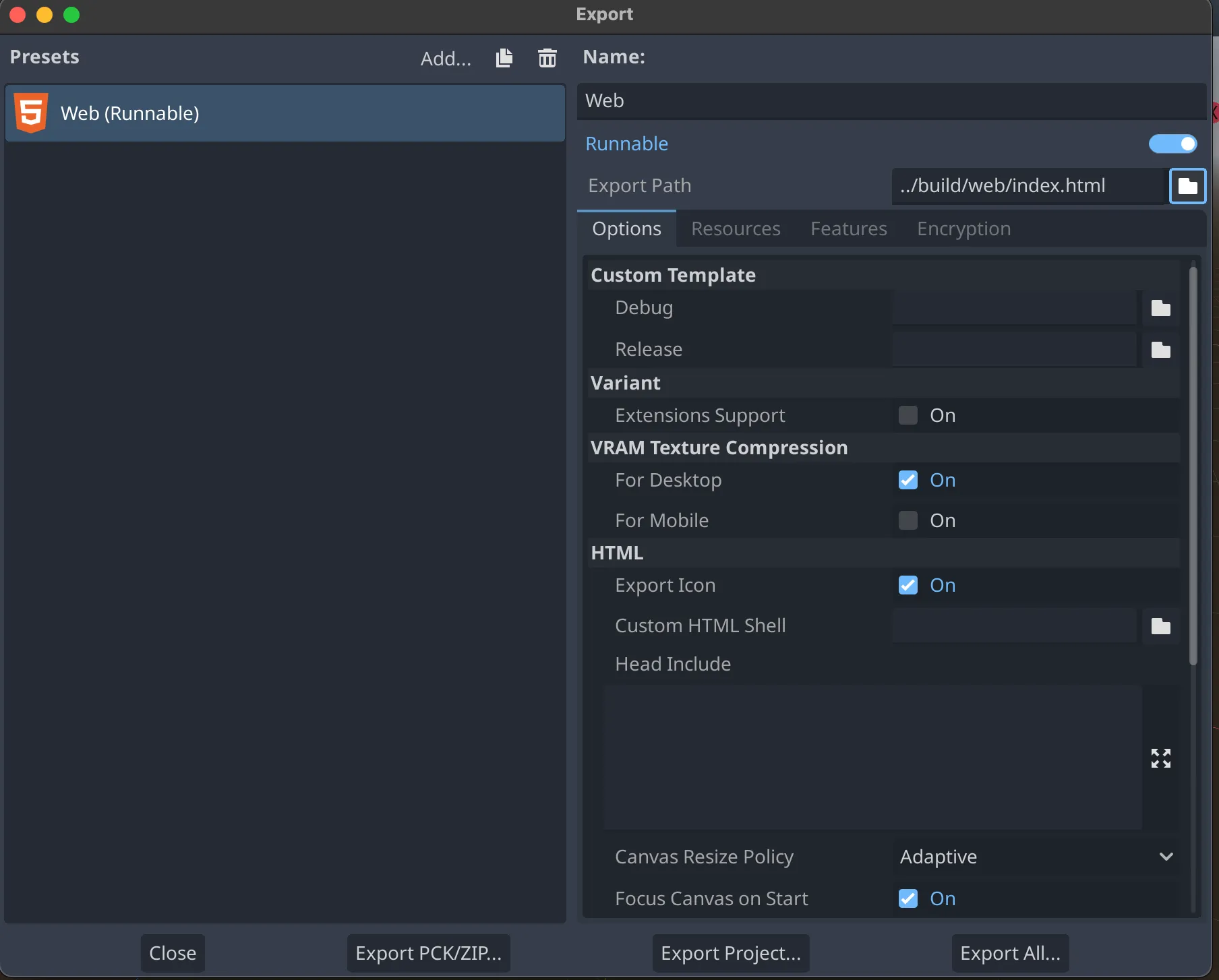 Configuring export settings